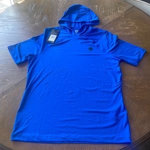 Under armour rush short sleeve hooded shirt. Material is polyester.